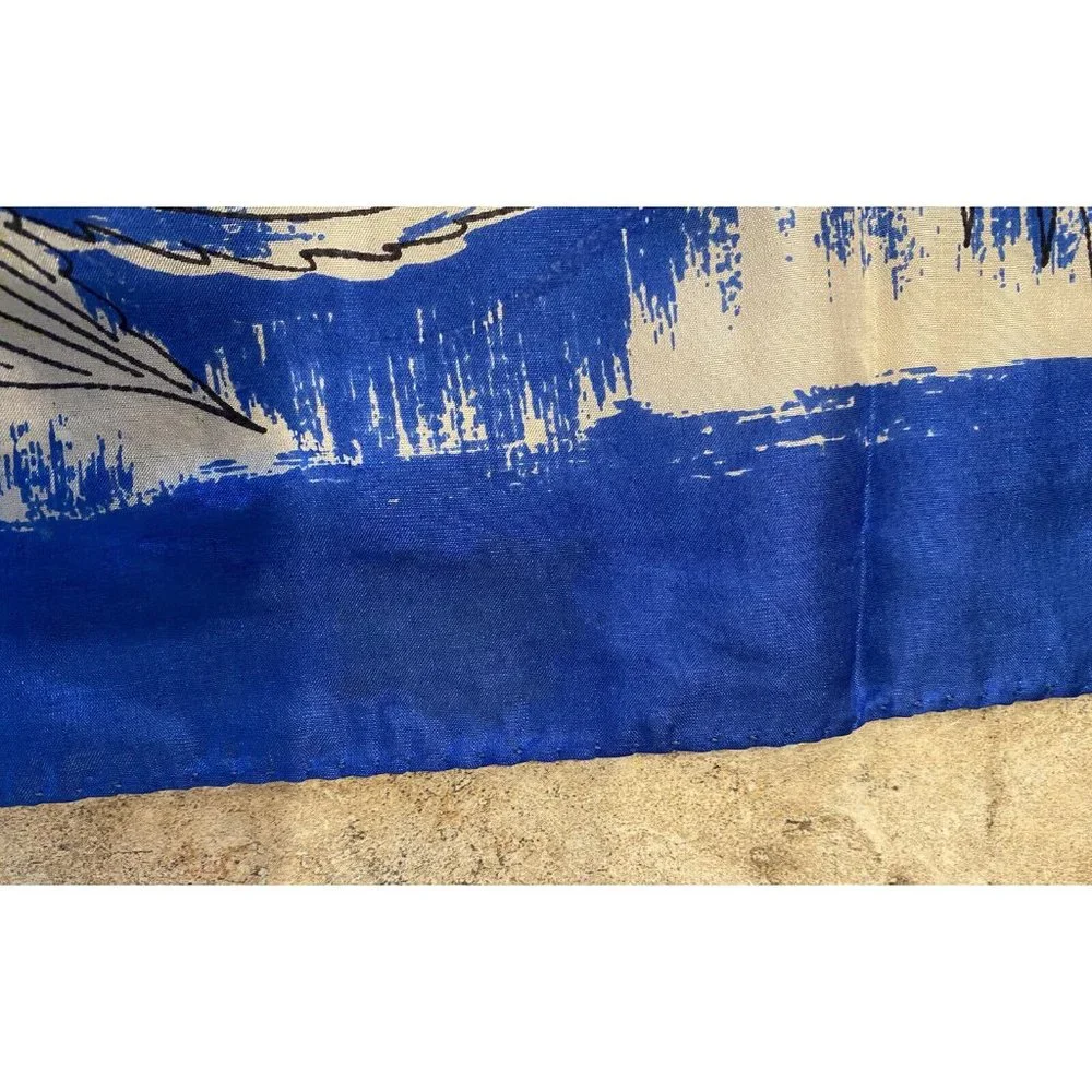Vintage Pure Silk Scarf Carmen Miranda Dancing Woman‎ Fruit Blue Yellow Rolled